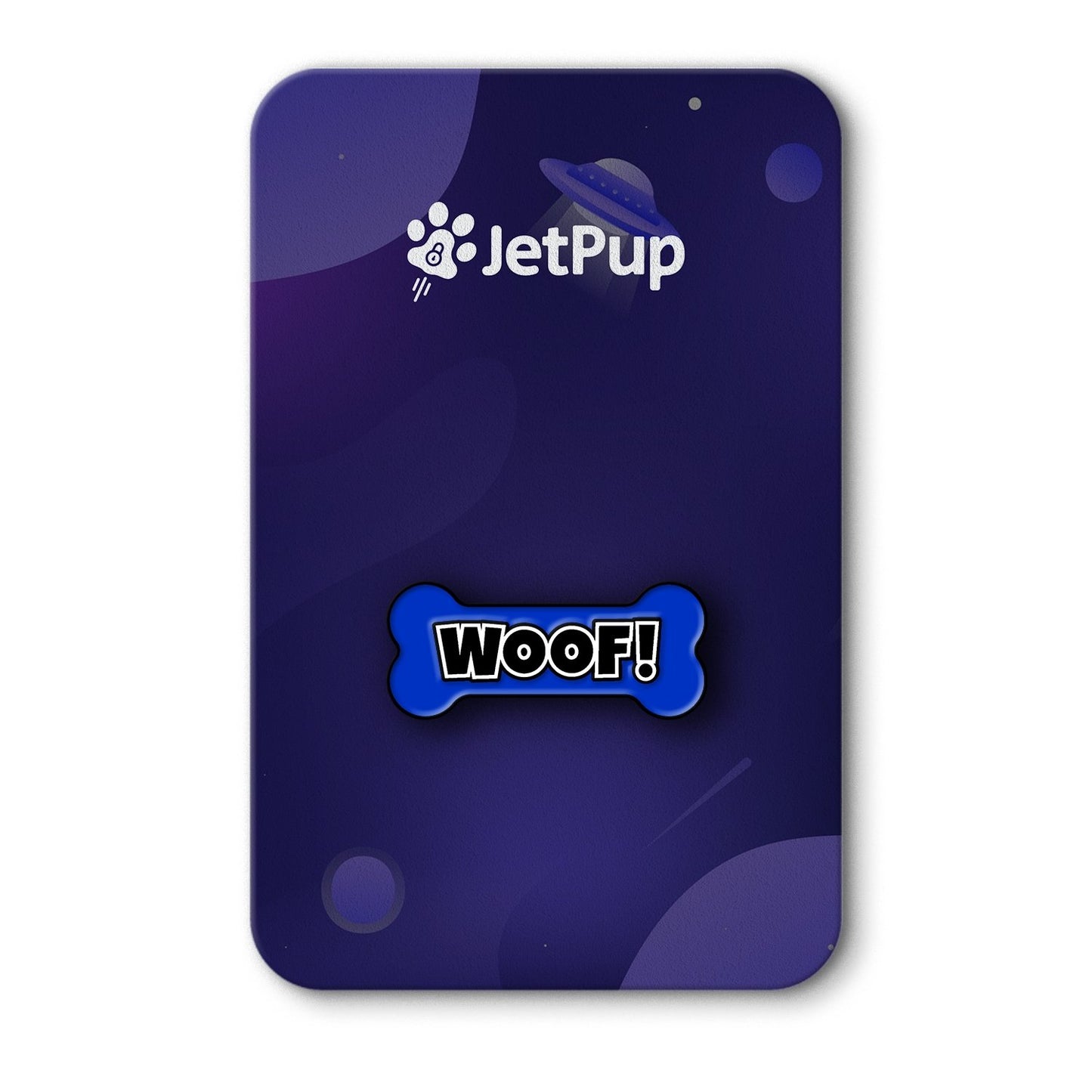 A royal blue enamel pin with 'WOOF!' text on a bone-shaped backing, displayed on a purple space background with the JetPup logo.
