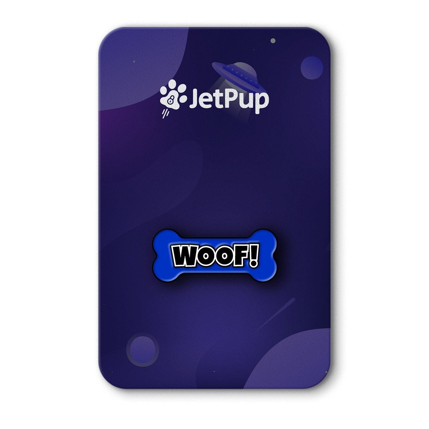 A royal blue enamel pin with 'WOOF!' text on a bone-shaped backing, displayed on a purple space background with the JetPup logo.