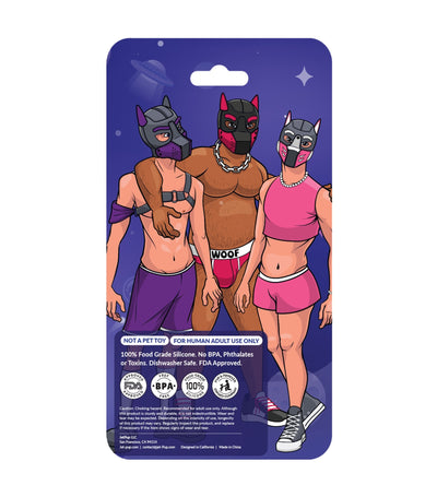 Bone chew toy back packaging featuring a human pup pack consisting of three human pups.  BPA free and food grade silicone