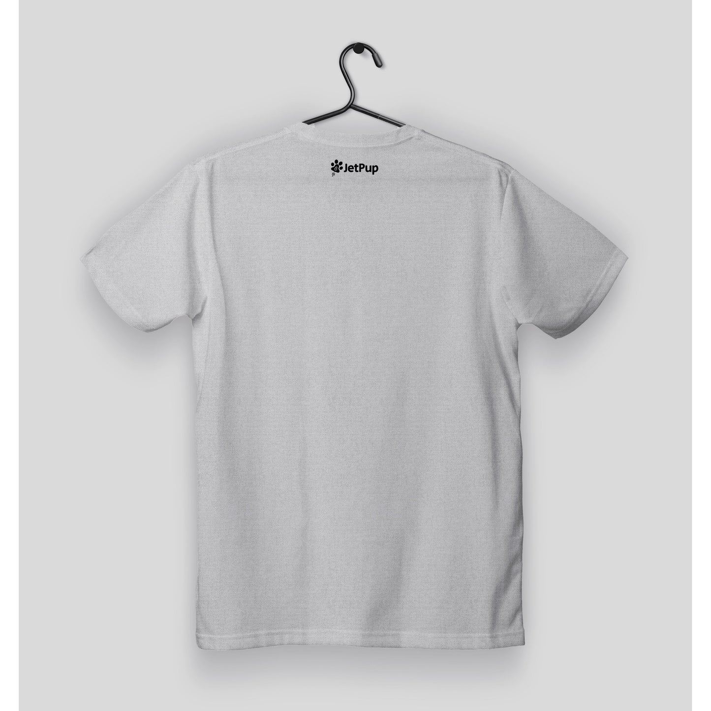 back of a light heather gray t-shirt with a black JetPup logo
