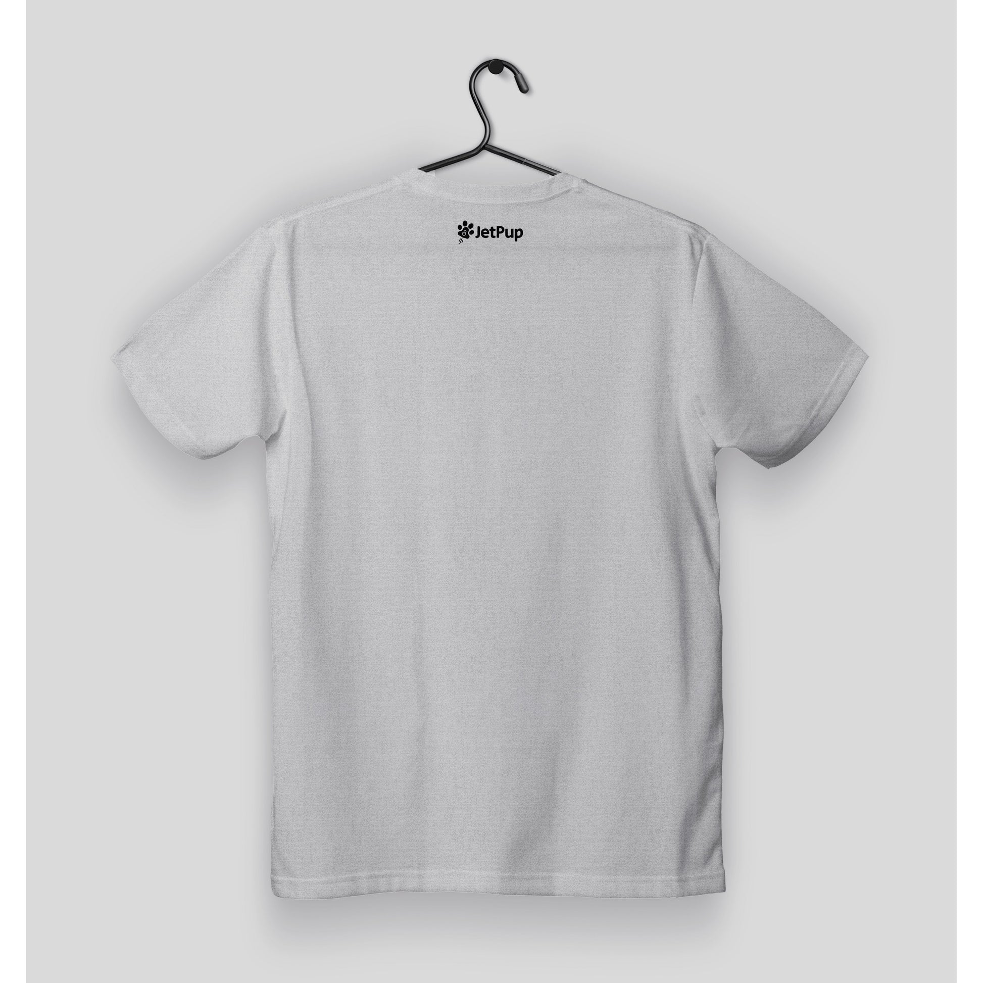 back of a light heather gray t-shirt with a black JetPup logo