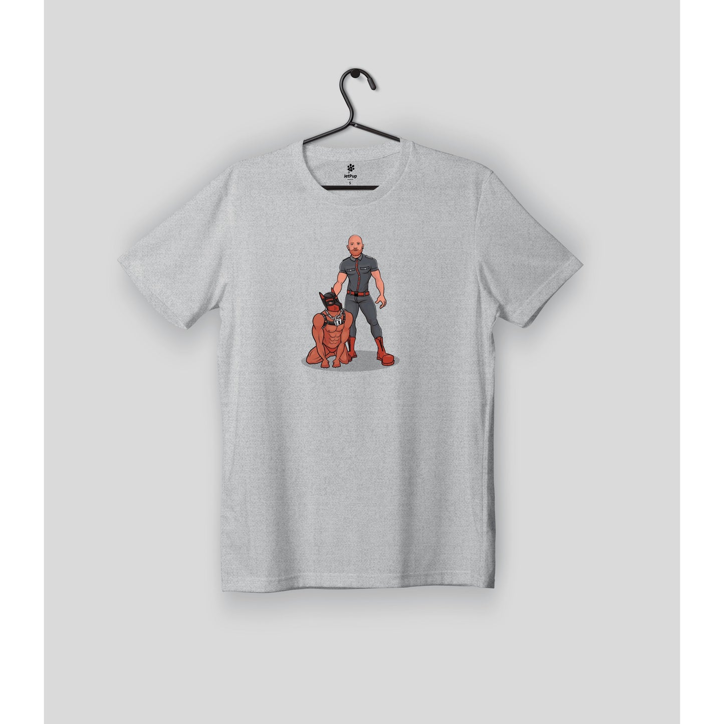 Light heather gray t-shirt on a hanger with a human pup and handler