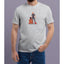 Person wearing a heather gray t-shirt with a graphic design of a human pup and handler on a plain background