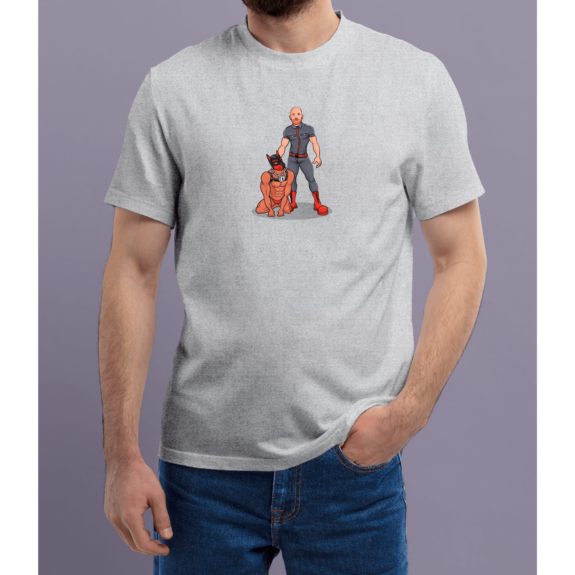 Person wearing a heather gray t-shirt with a graphic design of a human pup and handler on a plain background