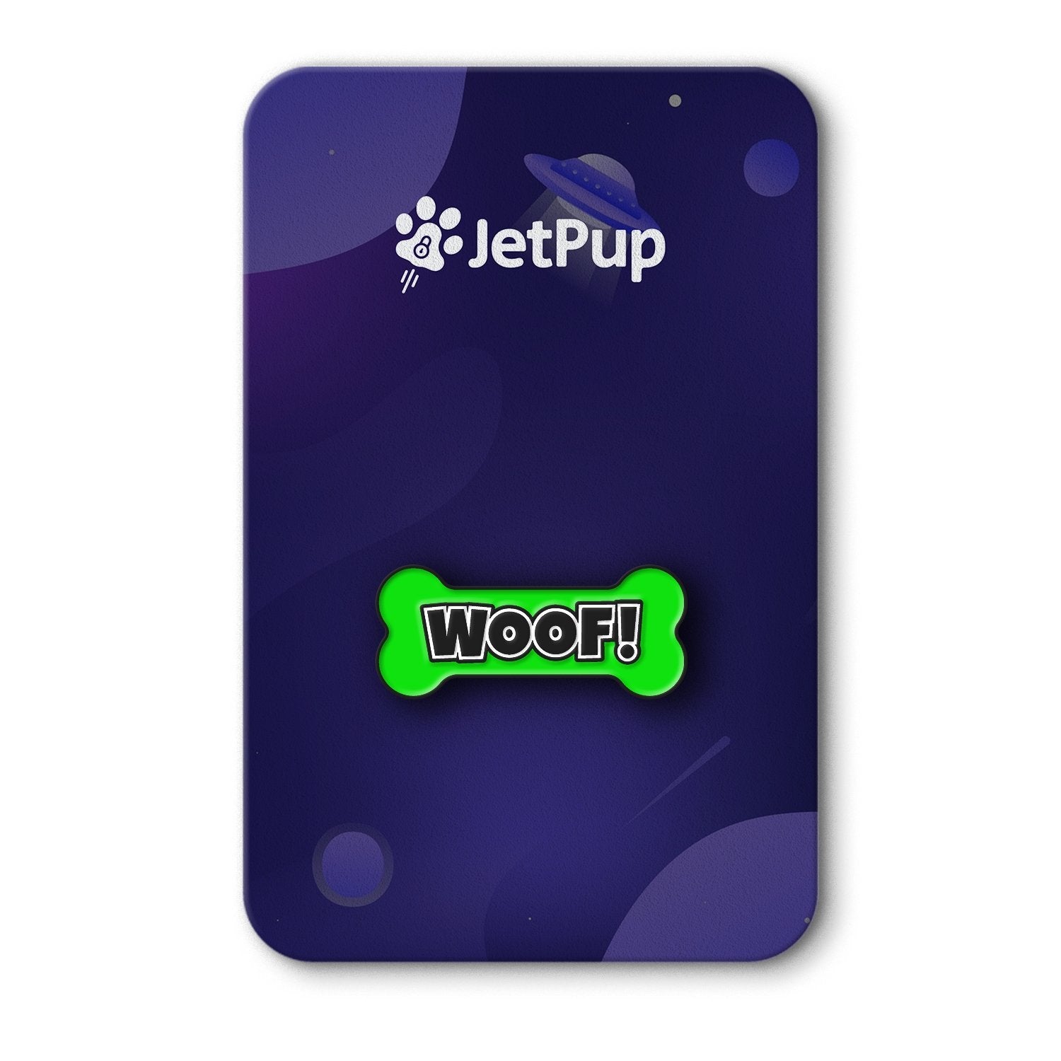 JetPup logo and 'WOOF!' bone-shaped lapel pin on a purple space background