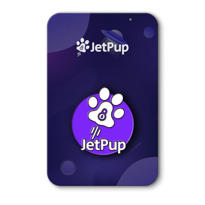 JetPup product packaging with brand logo on a dark blue background for soft enamel lapel pin