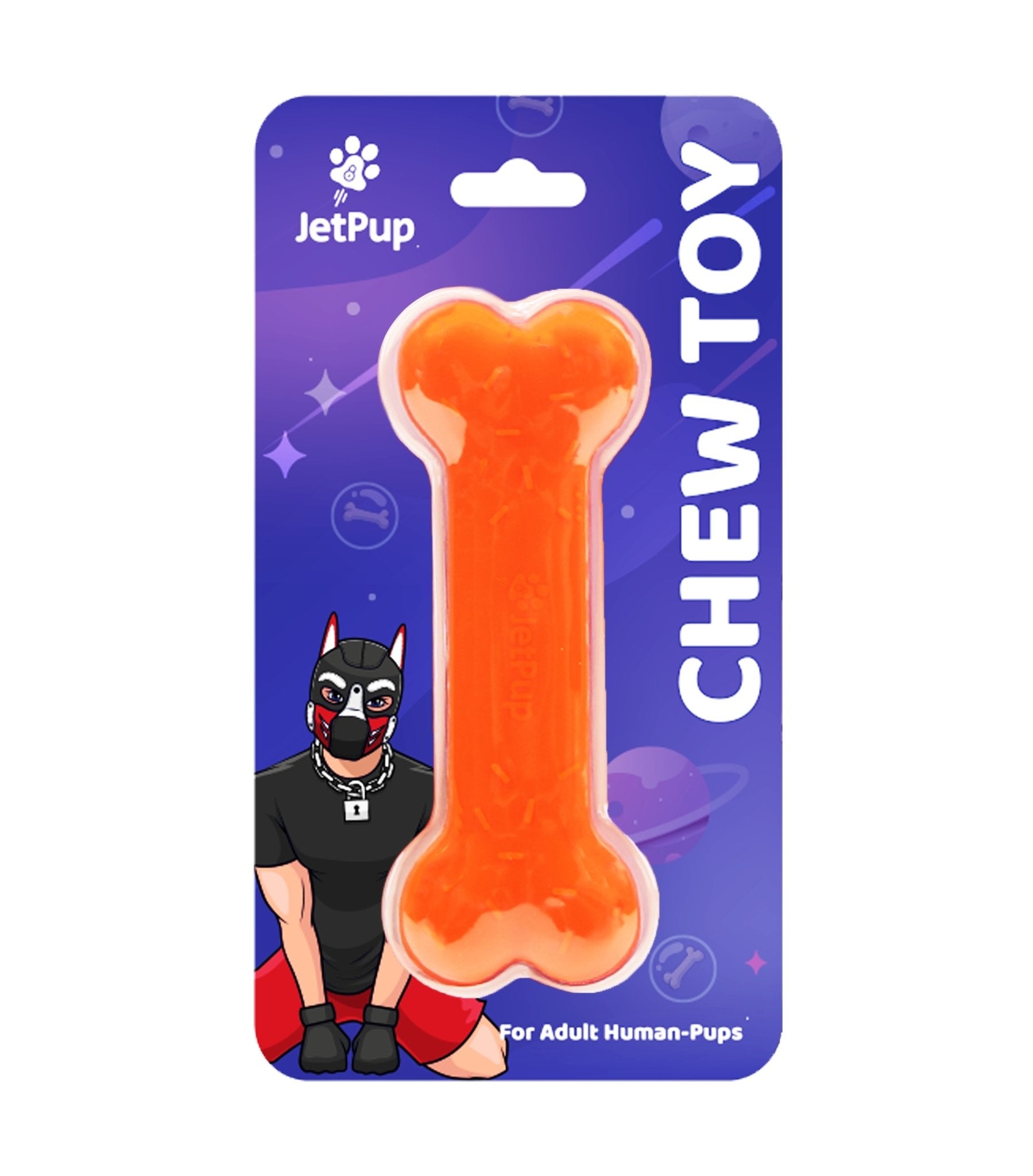 Orange Bone Chew Toy for Human pup play.  Front packaging featuring a human pup and JetPup logo with purple space theme.
