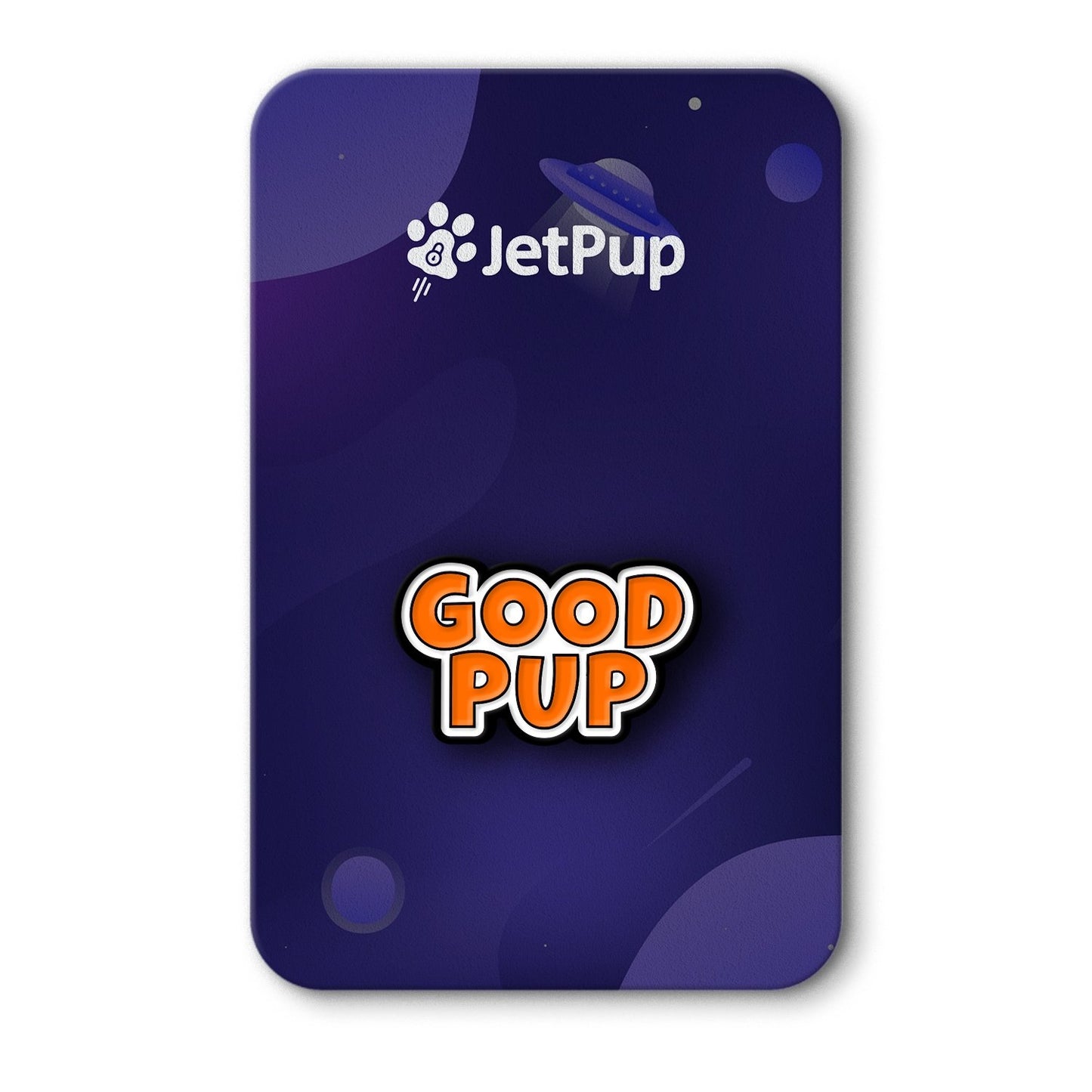 A colorful enamel pin with 'GOOD PUP' text in orange, attached to a purple background with a white JetPup logo at the top.