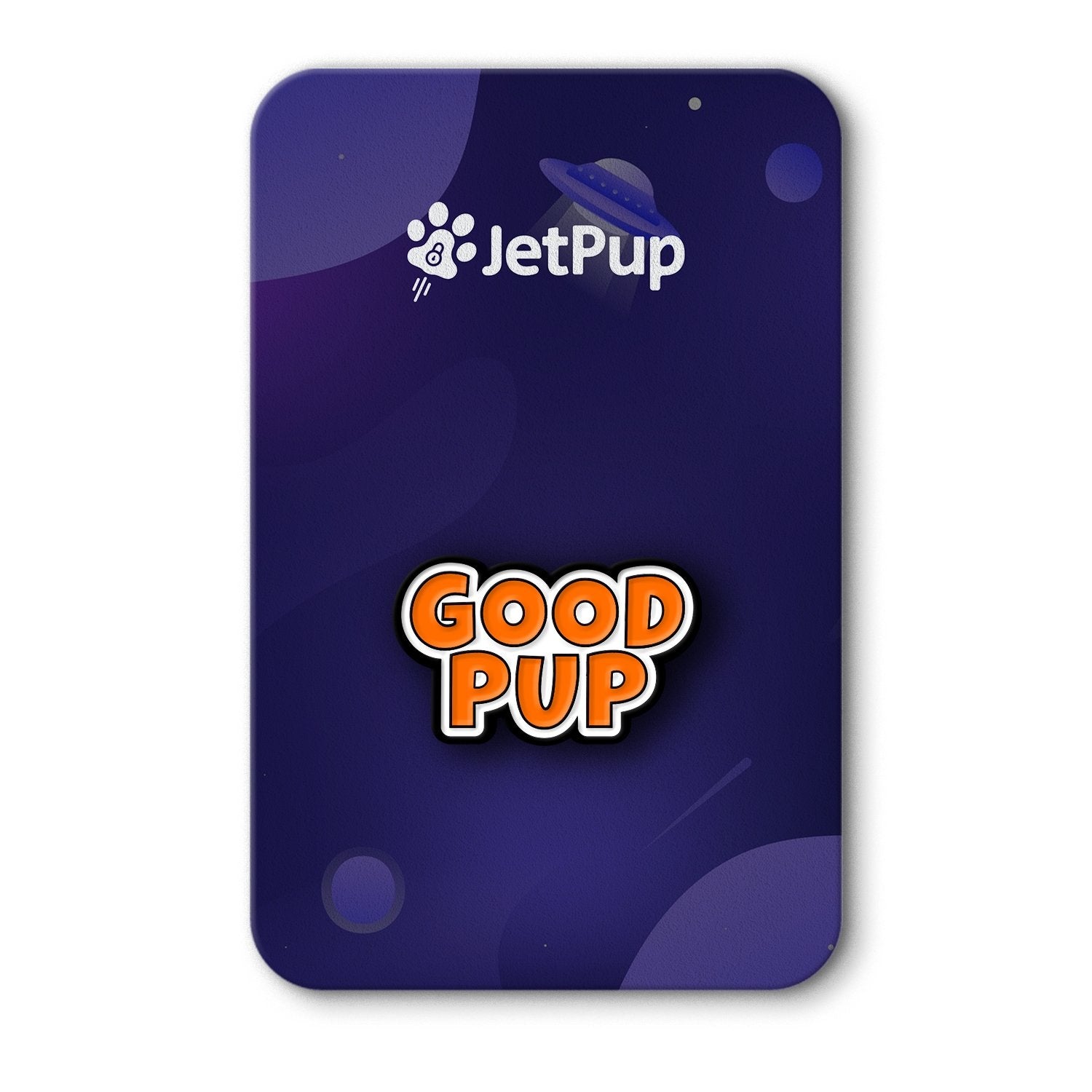 A colorful enamel pin with 'GOOD PUP' text in orange, attached to a purple background with a white JetPup logo at the top.