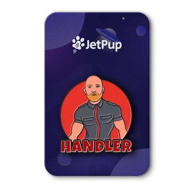 Enamel pin packaging with JetPup logo and illustration of a person labeled 'Handler' on a dark space theme background.