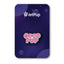 An enamel pin with 'GOOD PUP' text in pink, attached to a purple space background with a logo at the top.