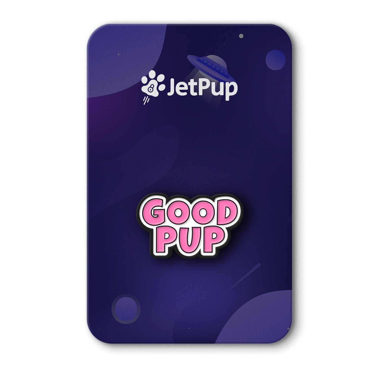 An enamel pin with 'GOOD PUP' text in pink, attached to a purple space background with a logo at the top.