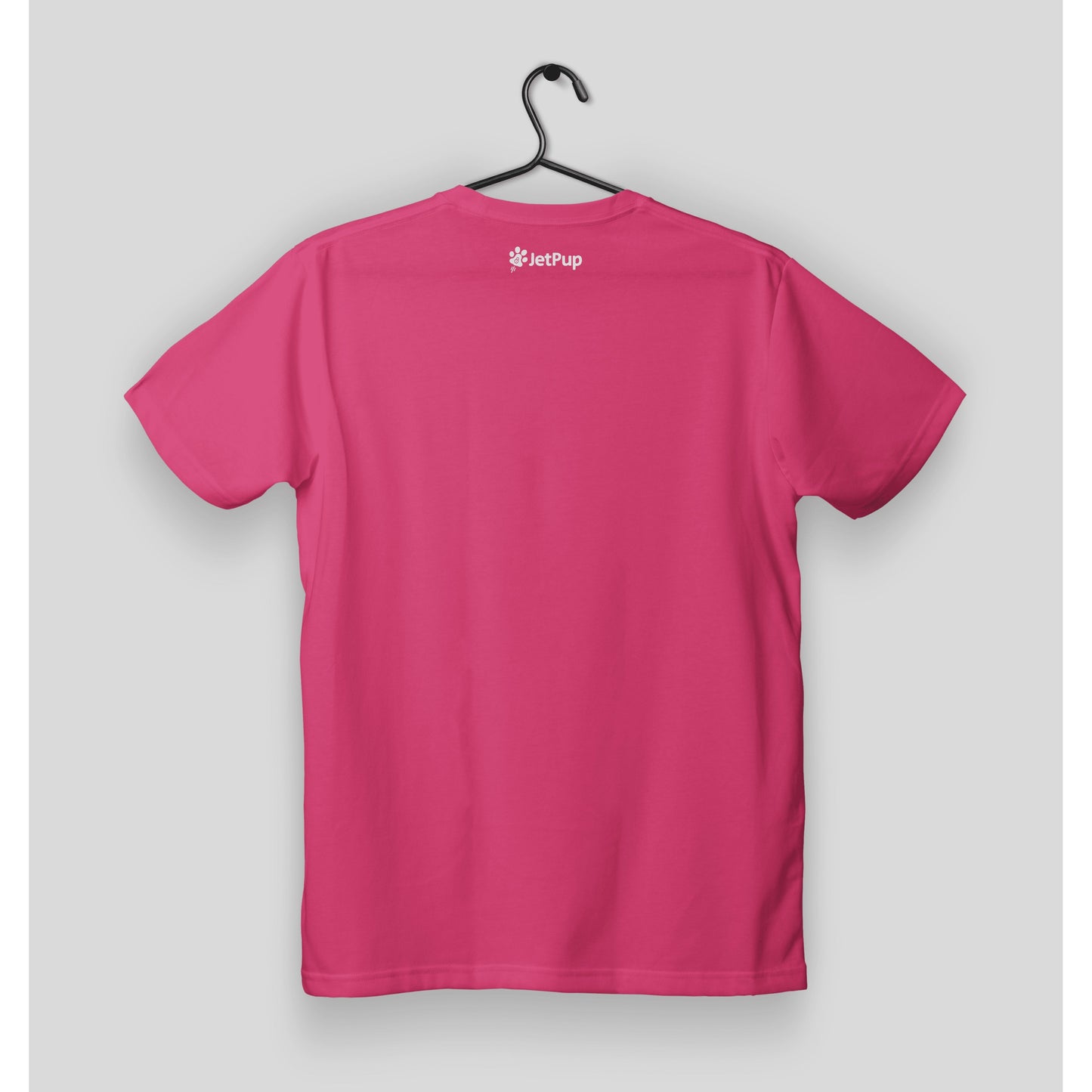 Pink t-shirt on a black hanger with a white JetPup logo