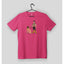 Pink t-shirt with a human pup and handler on a black hanger.
