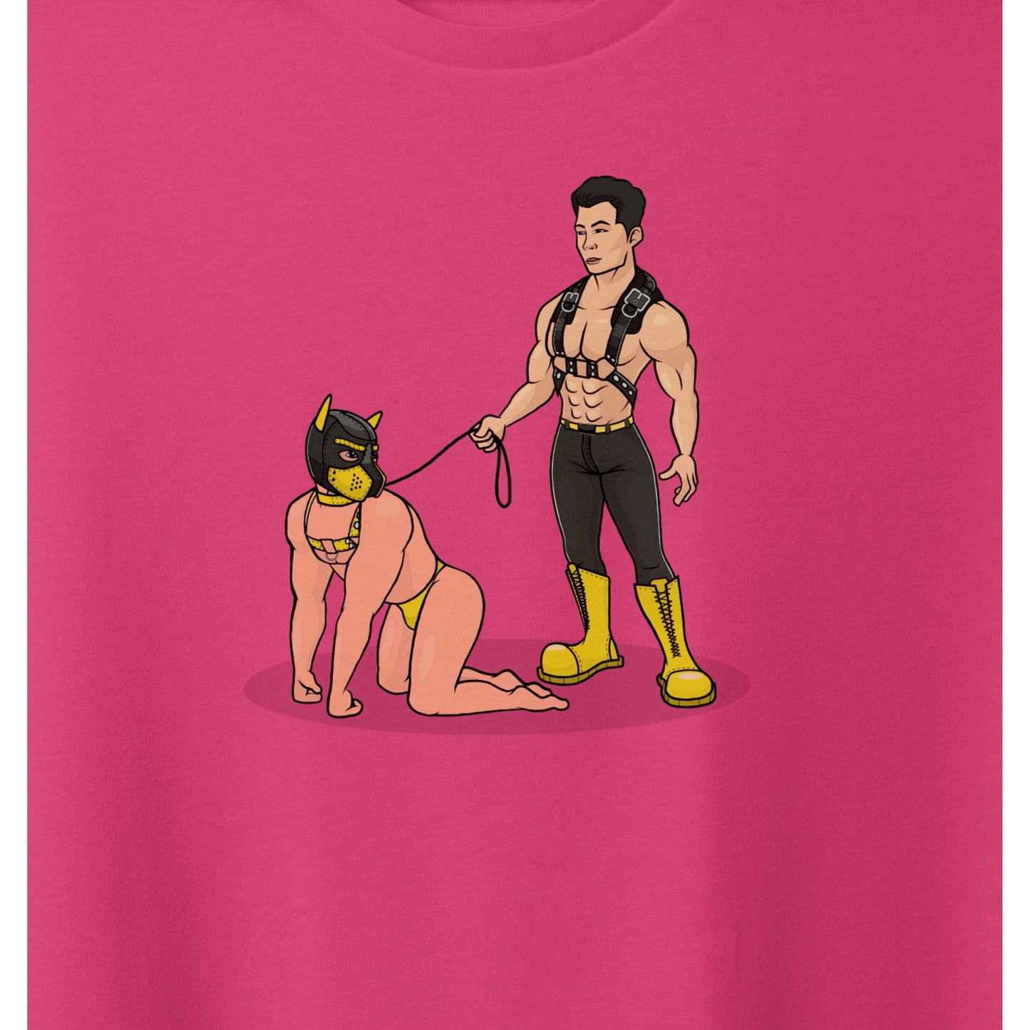 Closeup image of a human pup and handler on a pink background