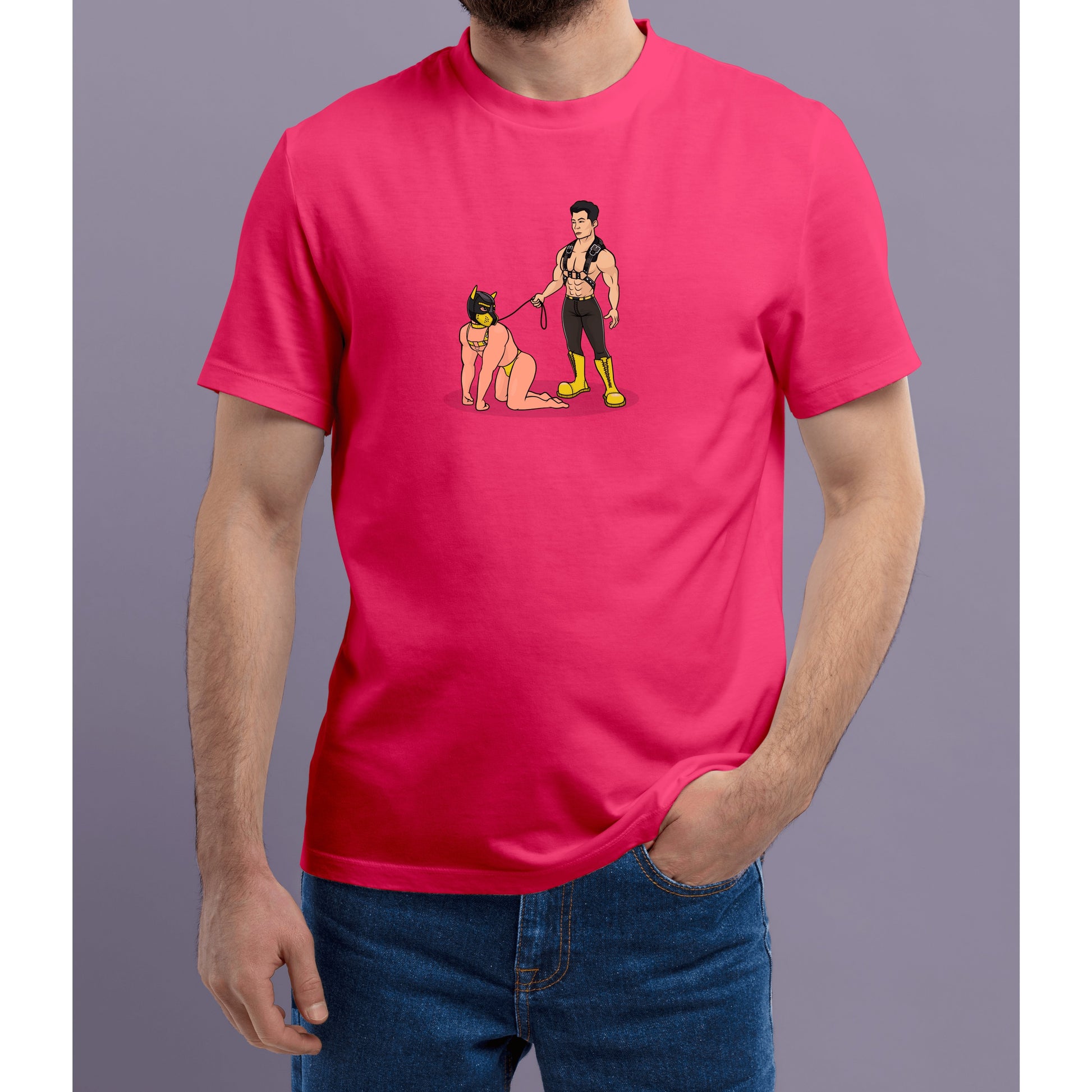 Pink t-shirt on a male figure featuring a human pup and a handler.