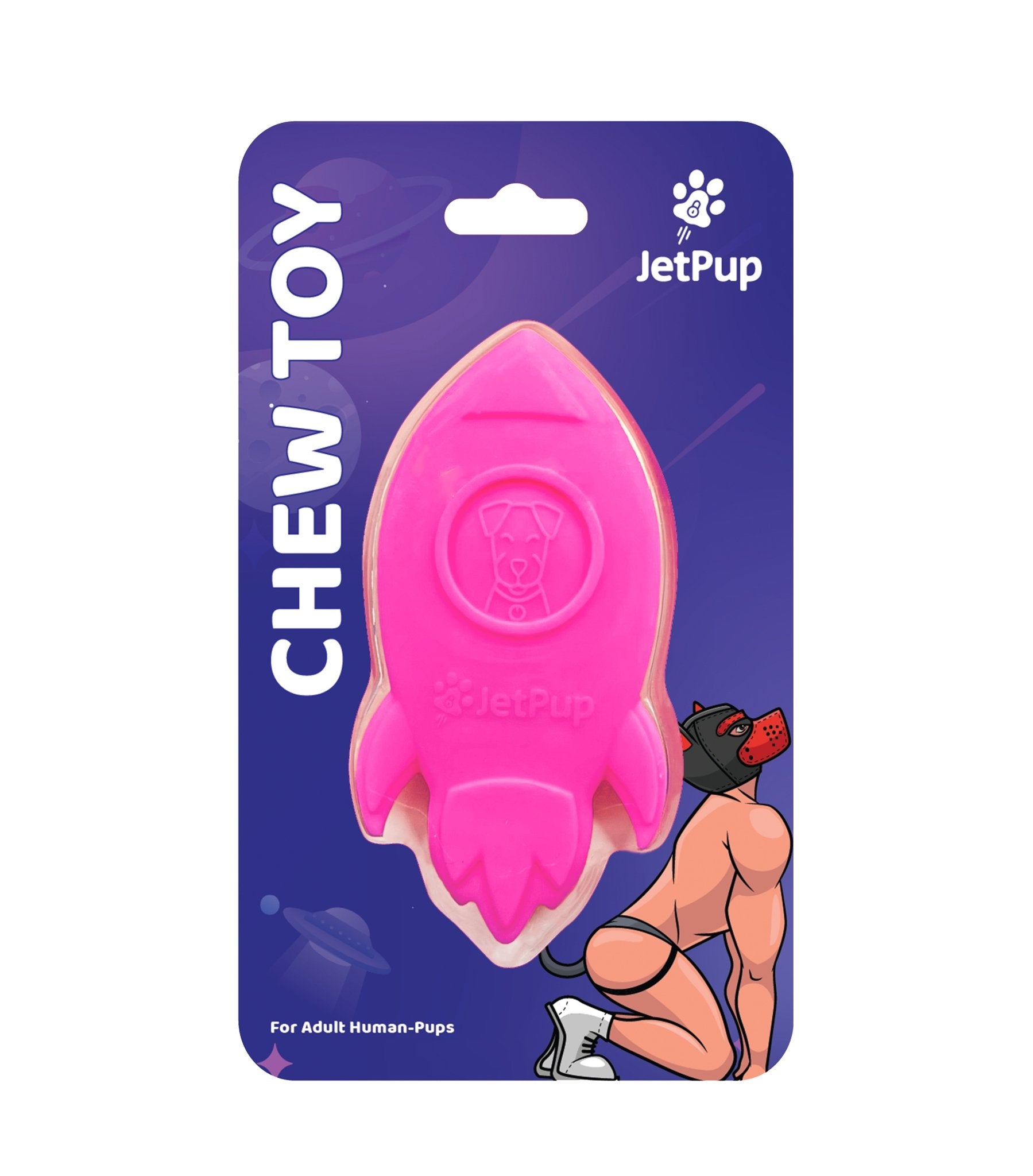 Pink food grade silicone rocket-shaped chew toy for human pups. Packaging features a human pup, purple background and white JetPup logo.