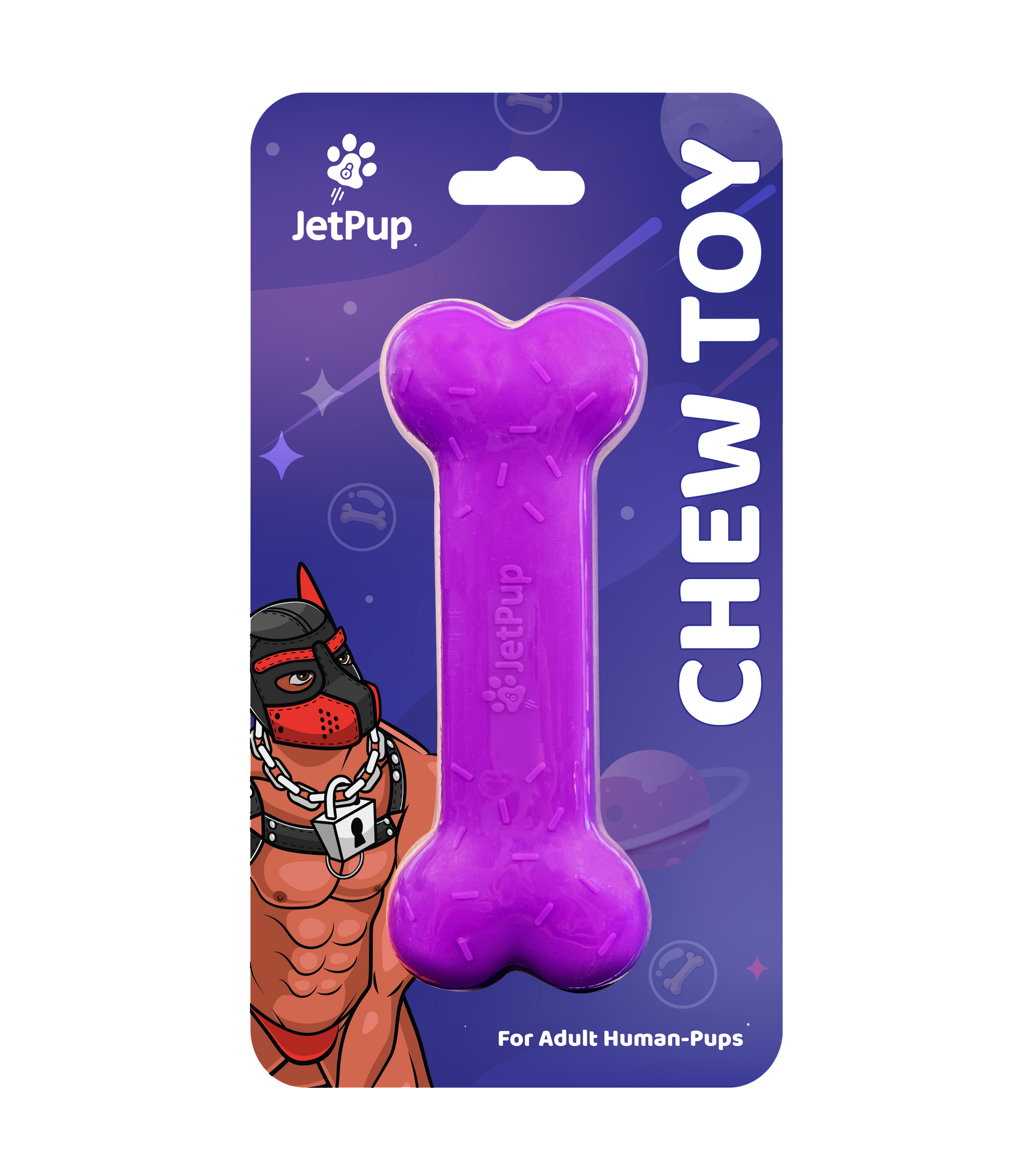 A purple silicone bone-shaped chew toy for human puppies, packaged on a card with the brand JetPup and an illustration of a person in a dog hood mask.