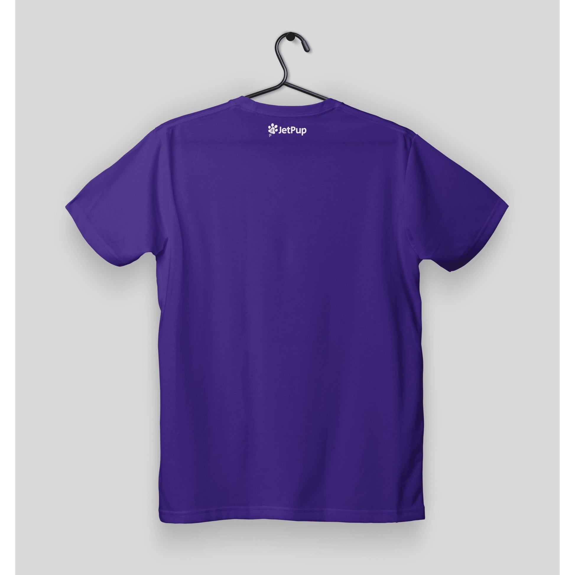 Back of purple t-shirt on a hanger with a white JetPup logo.