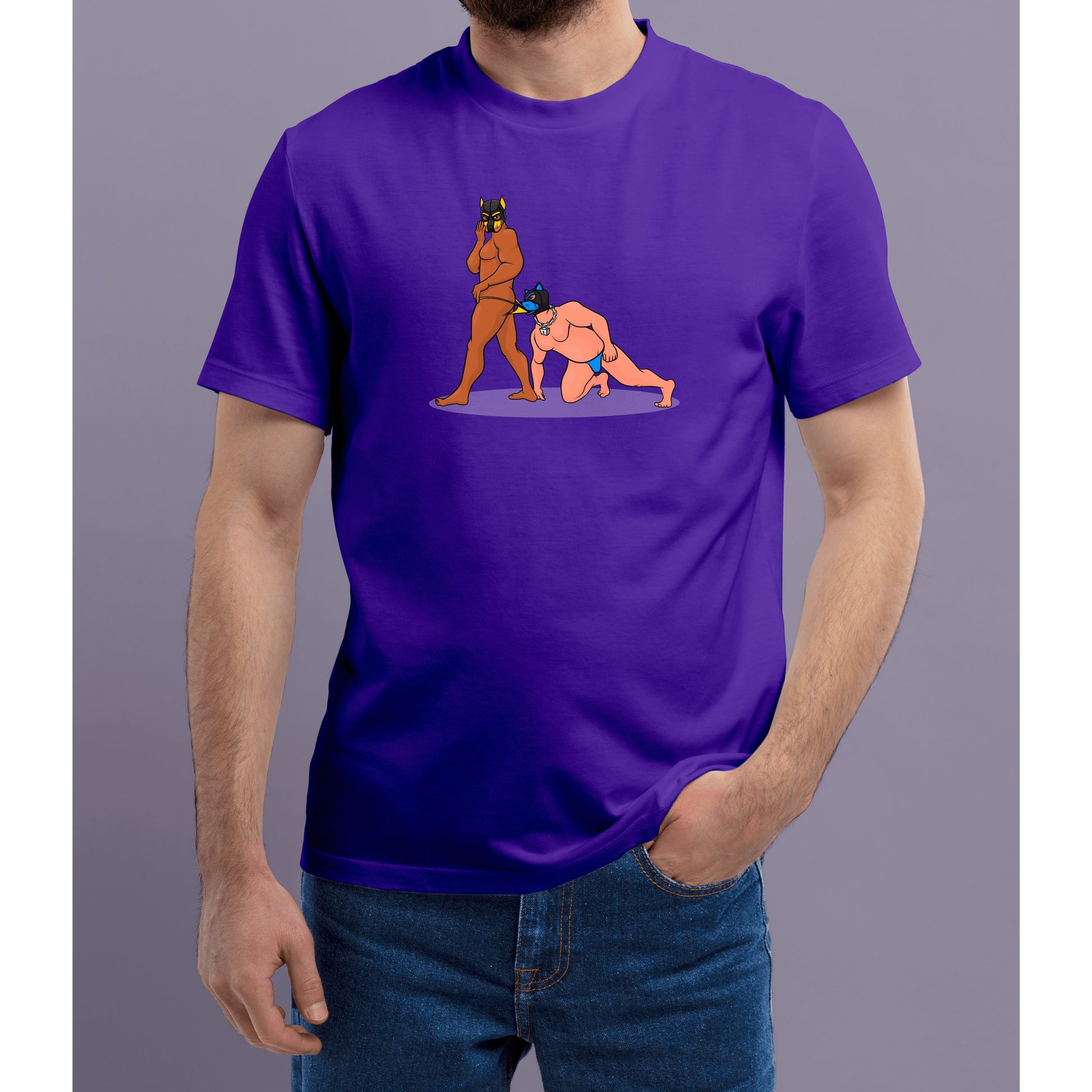 Person wearing a purple t-shirt with a graphic design of two human pups on a plain background