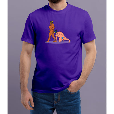 Person wearing a purple t-shirt with a graphic design of two human pups on a plain background