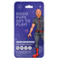 Backside of red chew bone toy packaging featuring a human pup handler in a leather uniform.