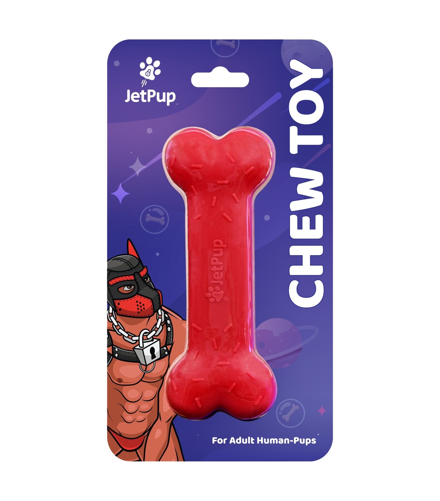 A red silicone bone-shaped chew toy for human puppies, displayed on a packaging card with the brand JetPup and a graphic of a dog wearing a mask.