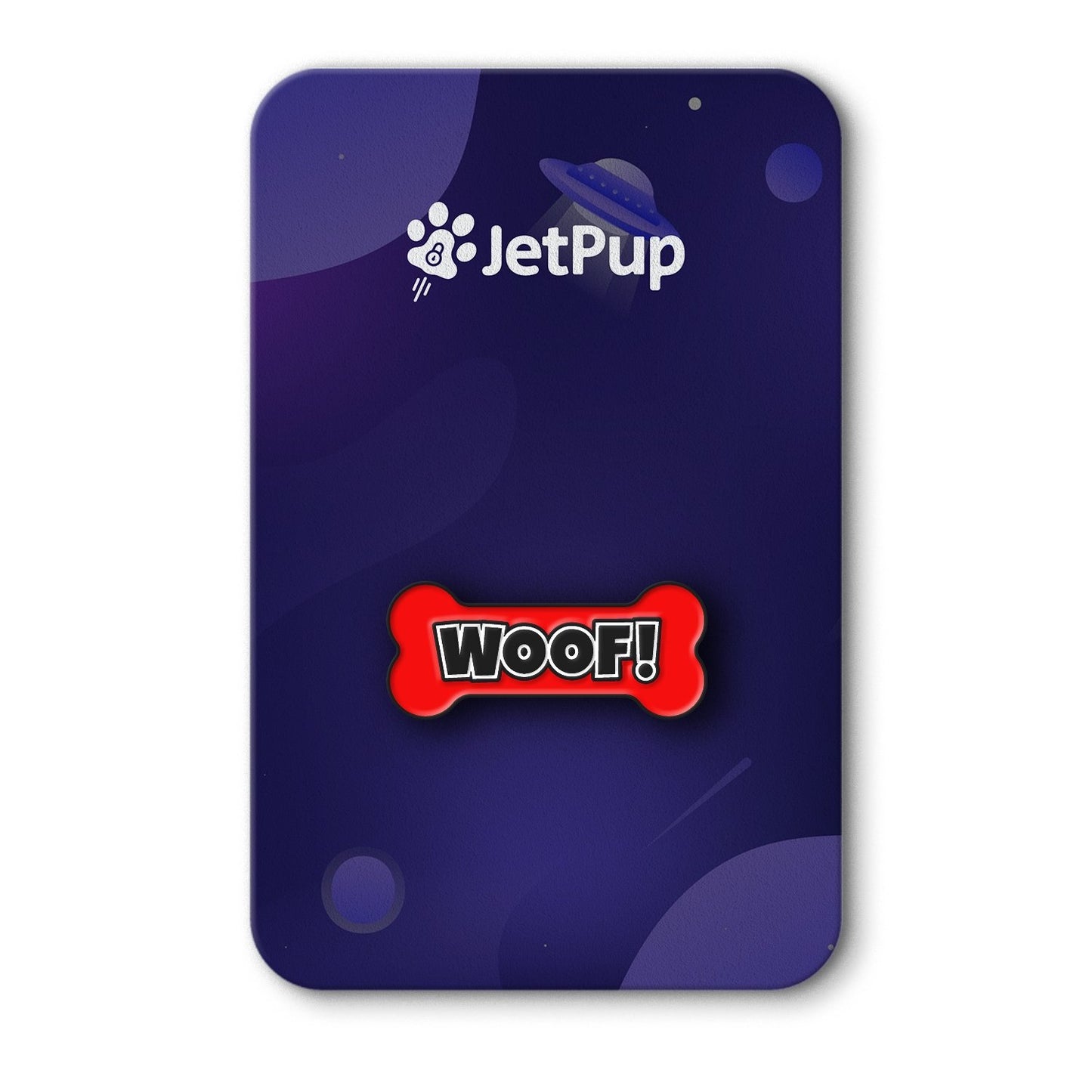 A colorful red enamel pin with 'WOOF!' text on a bone-shaped backing, displayed on a purple background with the JetPup logo.