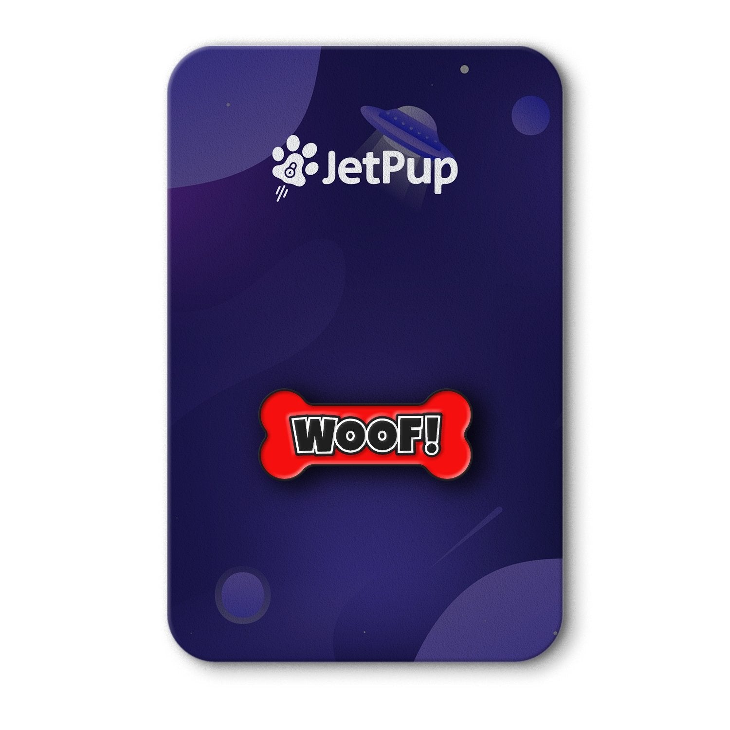 A colorful red enamel pin with 'WOOF!' text on a bone-shaped backing, displayed on a purple background with the JetPup logo.