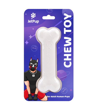 White chew bone toy for human pup play packaging.  Purple space theme with white lettering and JetPup logo.
