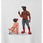 Closeup of human pup and handler on a white t-shirt.