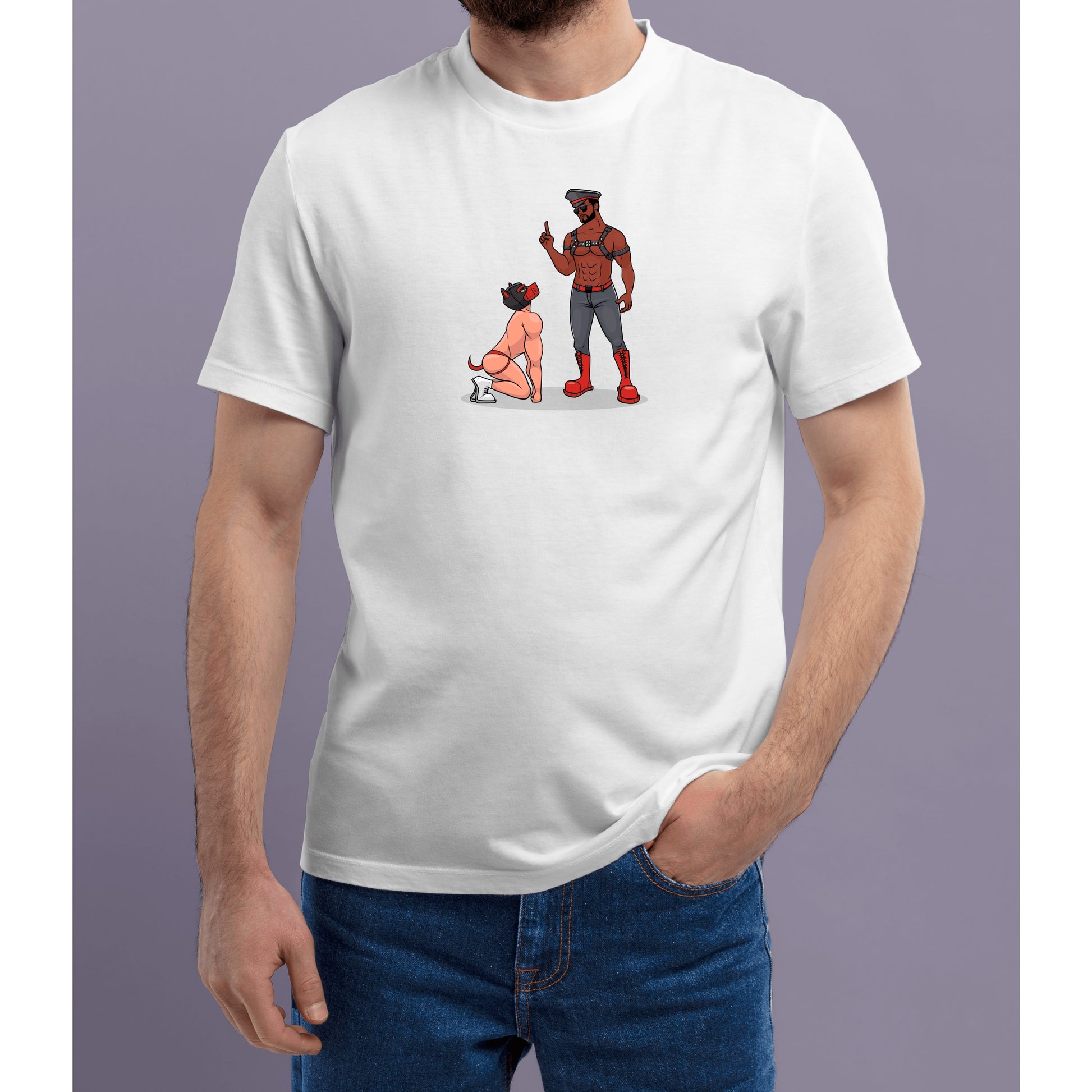 Person wearing a white t-shirt with a graphic design on a plain background