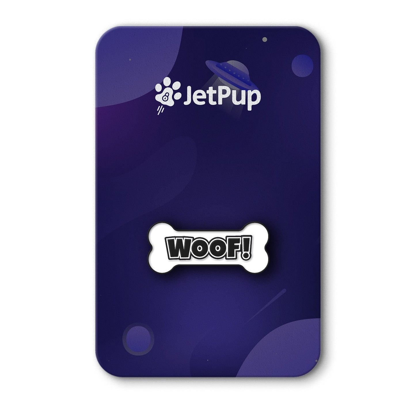 A white enamel pin with 'WOOF!' text on a bone-shaped backing, displayed on a purple background with the JetPup logo.