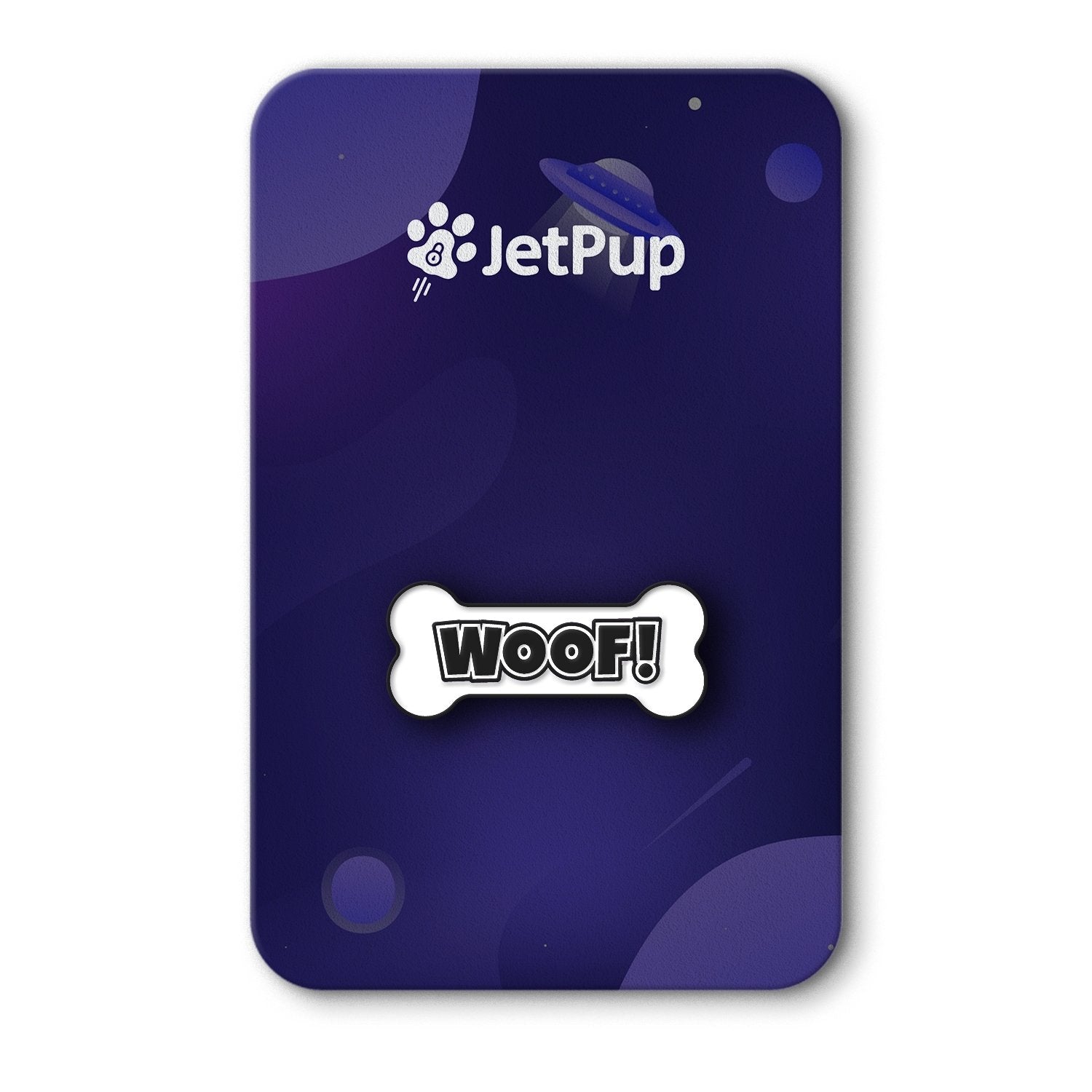 A white enamel pin with 'WOOF!' text on a bone-shaped backing, displayed on a purple background with the JetPup logo.