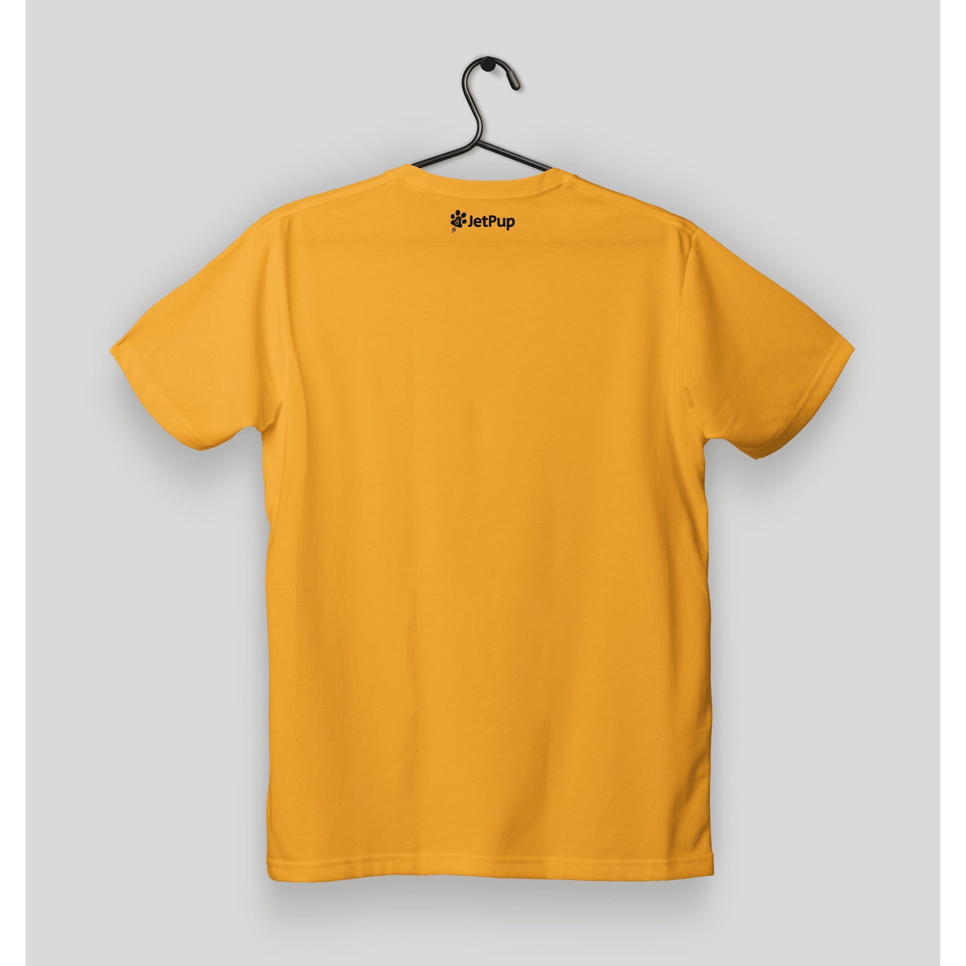 back of yellow t-shirt on a hanger with a black JetPup logo