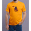Person wearing a bright yellow t-shirt with a graphic design on a plain background with a human pup receiving a bone treat