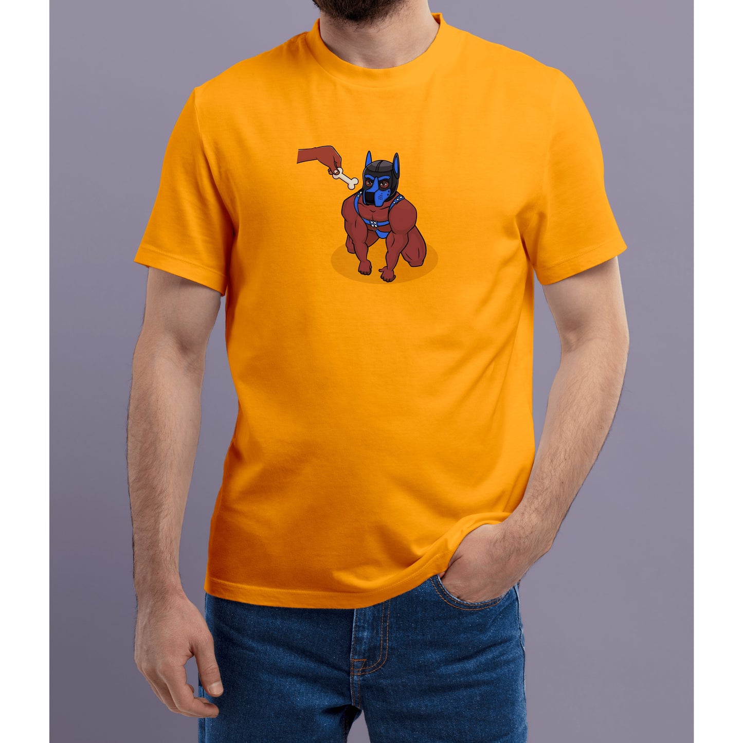 Person wearing a bright yellow t-shirt with a graphic design on a plain background with a human pup receiving a bone treat