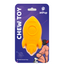 Product packaging for a yellow food grade silicone rocket-shaped chew toy for human pups on a purple background with white JetPup logo
