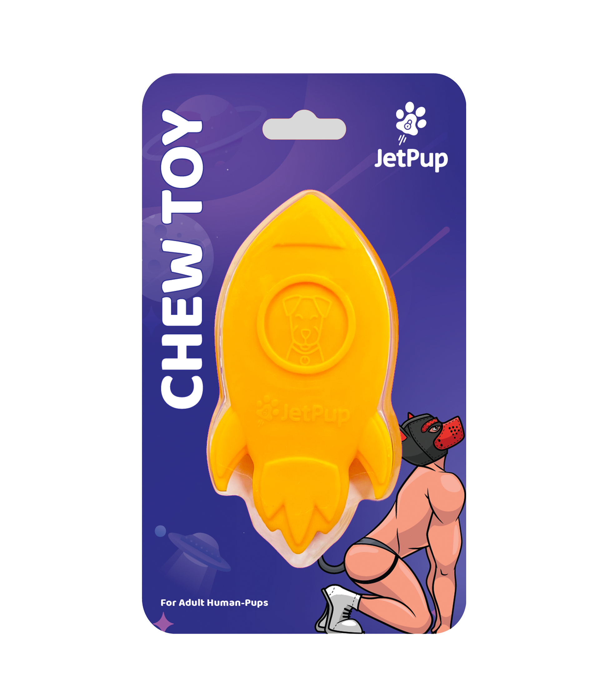 Product packaging for a yellow food grade silicone rocket-shaped chew toy for human pups on a purple background with white JetPup logo